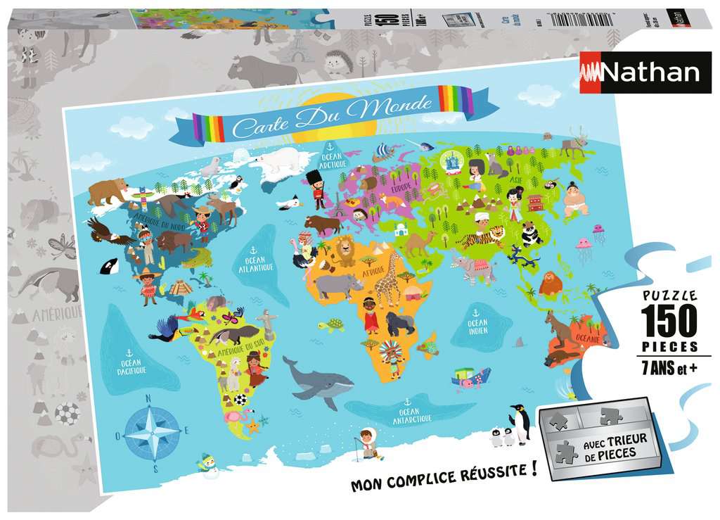 Nathan - Puzzle enfants - 150 pièces - Carte du monde - Filles ou garçons dès 7 ans - Puzzle de qualité supérieure - Carton épais et résistant - Cartographie - 86806