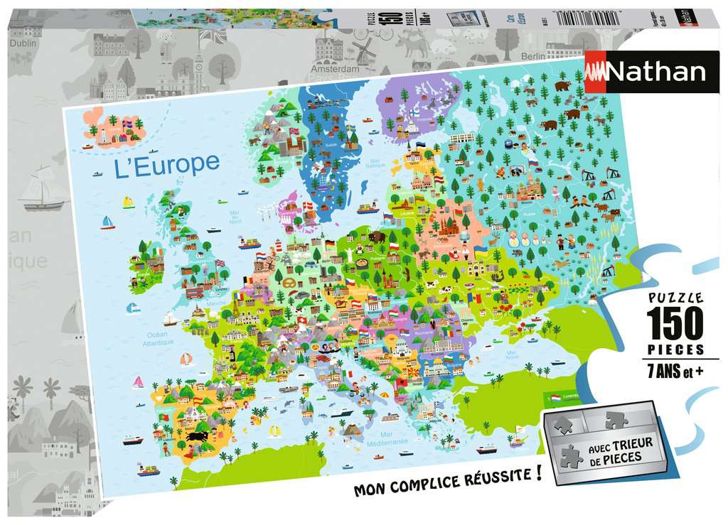 Nathan - Puzzle enfants - 150 pièces - Carte d'Europe - Filles ou garçons dès 7 ans - Puzzle de qualité supérieure - Carton épais et résistant - Cartographie - 86835