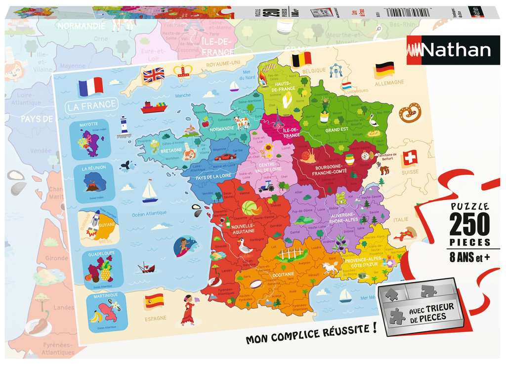 Nathan - Puzzle enfants - 250 pièces - Carte de France - Filles ou garçons dès 8 ans - Puzzle de qualité supérieure - Carton épais et résistant - Cartographie - 86875