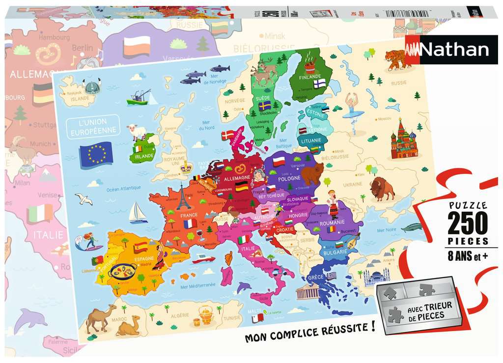 Nathan - Puzzle enfants - 250 pièces - Carte d'Europe - Filles ou garçons dès 8 ans - Puzzle de qualité supérieure - Carton épais et résistant - Cartographie - 86879