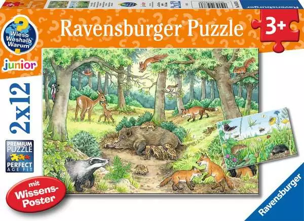 Ravensberger Matratzen Kinderpuzzle ab 3 Jahren - Wieso? Weshalb? Warum? Tiere im Wald und auf der Wiese - 12 Teile