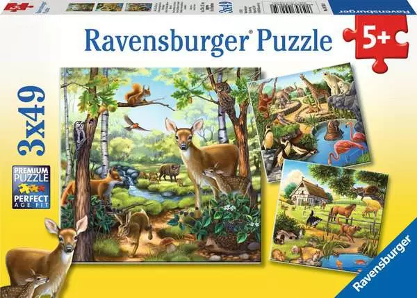 Ravensberger Matratzen Kinderpuzzle ab 5 Jahren - Wald-/Zoo-/Haustiere - 49 Teile