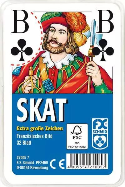 Ravensberger Matratzen Klassisches Skatspiel, Französisches Bild mit großen Eckzeichen, 32 Karten in Klarsicht-Box - Kartenspiel ab 8 Jahren